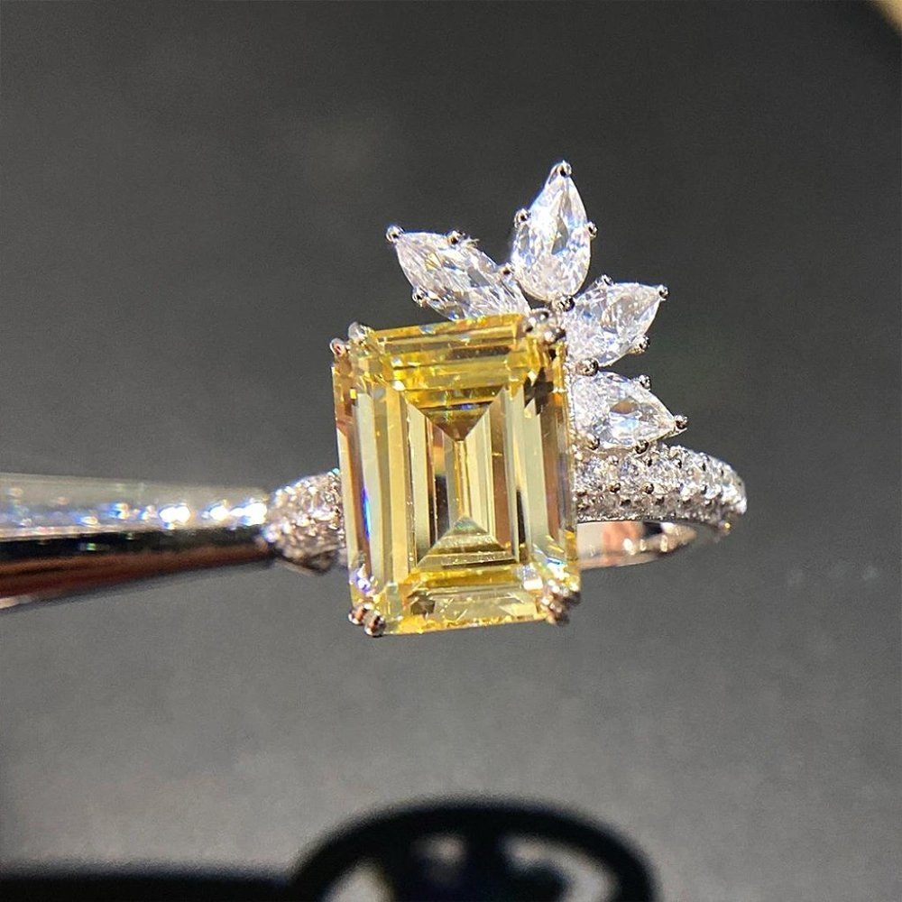 CZ Yellow Diamond Ring, Emerald Cut Engagement Ring, Flower Statement Ring
